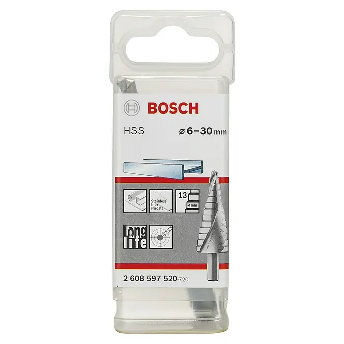 Bosch Stufenbohrer HSS - Durchmesser: 6 mm - 30 mm - Bosch HSS Stufenbohrer mit einem Durchmesser von 6–30 mm, geeignet für Edelstahl, für eine lange Lebensdauer und präzise Ergebnisse.