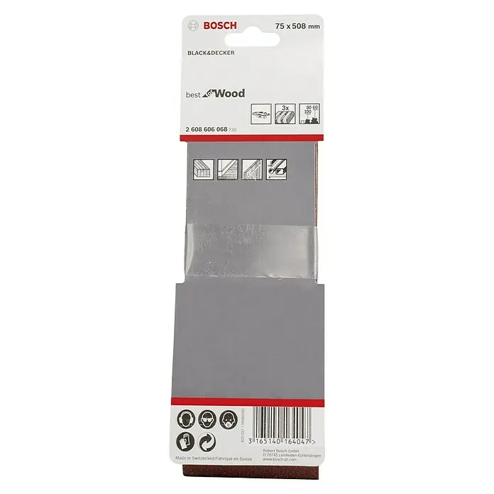 Bosch Schleifband-Set X440 Best for Wood and Paint - 75 x 508 mm, Körnung: 60 - 100, 3 Stk. - Das Bosch Schleifband „Best for Wood“ mit den Maßen 75 x 508 mm, ideal für Holzbearbeitungsanwendungen.