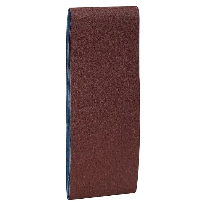 Bosch Schleifband-Set X440 Best for Wood and Paint100 x 560 mm, Körnung: 60 - 100, 3 Stk. - Nahaufnahme eines Schleifbandes. Ideal zum Glätten und Polieren von Holz oder Metall, bietet es eine effektive Schleifleistung und ein professionelles Finish.