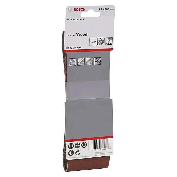 Bosch Set de bandas de lija X440 Best for Wood and Paint - An x L: 75 x 508 mm, Grano: 60 mm - 100 mm, 3 ud. - La imagen muestra un paquete de cintas de lija Bosch Best Wood (75 x 508 mm) para carpintería, aptas para lijadoras Bosch y Black&Decker.