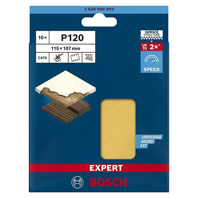 Bosch Expert Schleifblätter C470 - Körnung: 120, 115 x 107 mm, 10 Stk. - Bild einer Bosch Expert C470 Schleifpapierpackung, Körnung P120, 115x107mm, für Schleifarbeiten mit bis zu 2-facher Geschwindigkeit und universeller Markenpassform.