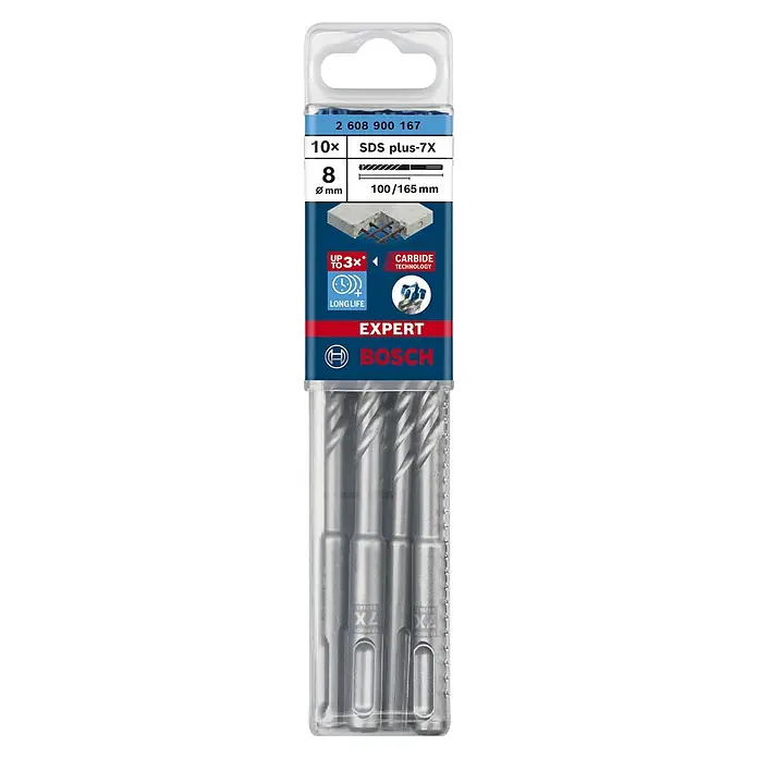 Bosch Expert SDS-Plus Betonbohrer-Set SDS Plus-7XDurchmesser: 8 mm, Länge: 165 mm, 10 Stk. - Bohrer-Set von Bosch Expert SDS plus-7X, 10-teilig, 8 mm Durchmesser, für effizientes Bohren in Beton und Mauerwerk.