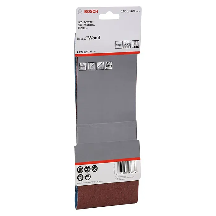 Bosch Schleifband-Set X440 Best for Wood and Paint - 100 x 560 mm, Körnung: 60 - 100, 3 Stk. - Das Bild zeigt die Verpackung von Bosch Schleifbändern. Ideal für Holzbearbeitung mit Geräten von AEG, DeWalt, Elu, Festool und Ryobi.