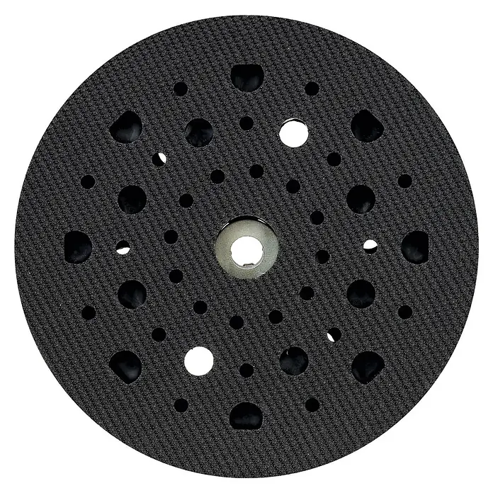 Bosch Expert Stützteller Multihole - 125 mm, Gelocht, Passend für: Exzenterschleifer - Schleifscheibe mit Löchern. Die Schleifscheibe ist schwarz und hat ein Loch in der Mitte, durch das eine Schraube gesteckt werden kann.