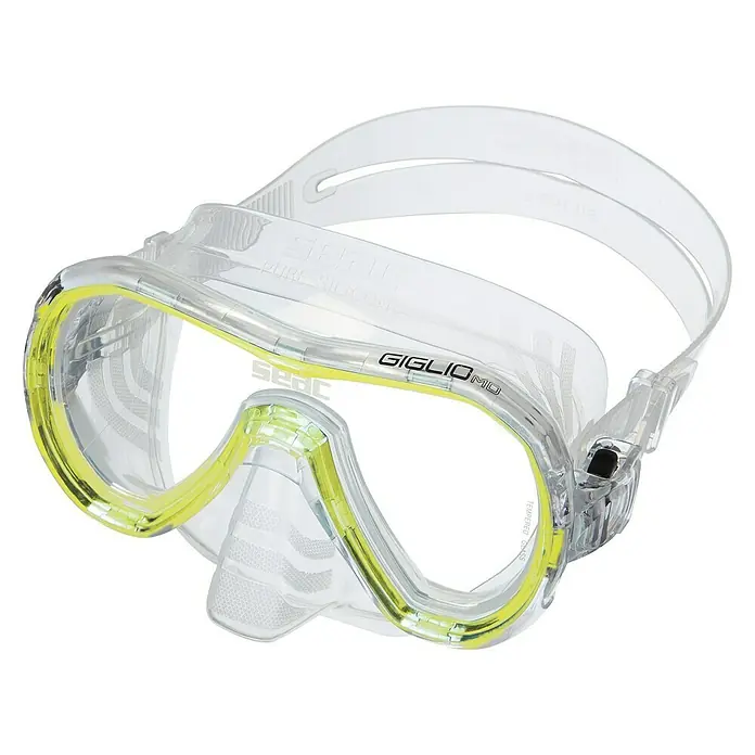 Seac Sub Set de buceo Giglio Jr - Amarillo, Válvula de salida de agua - Máscara de buceo Seac Giglio MD con silicona transparente y marco amarillo para una visión clara bajo el agua.