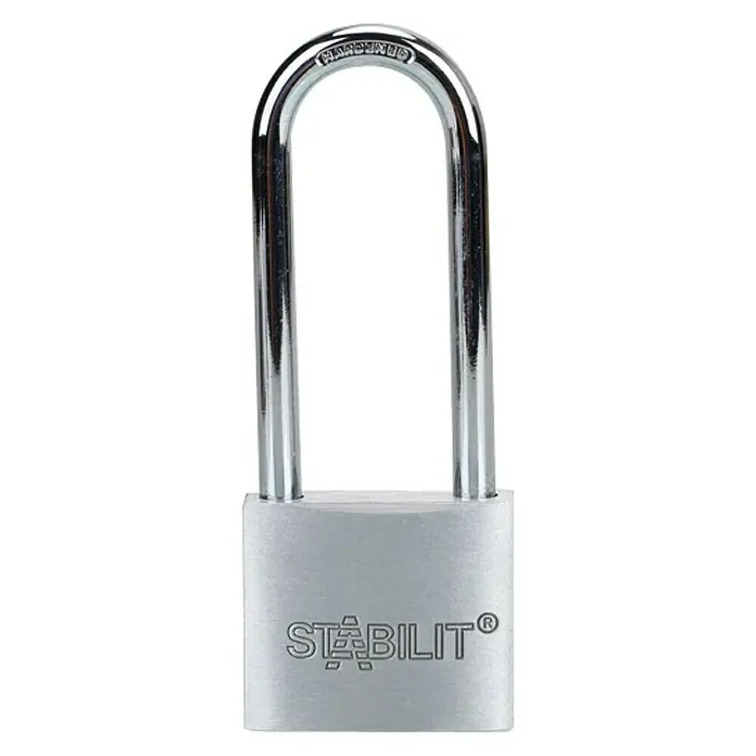 Stabilit Candado A40-63 - 40 x 102 mm, 1 ud., Aluminio - Imagen de un candado Stabilit® plateado con un arco largo, ideal para mayor seguridad y aplicaciones versátiles.