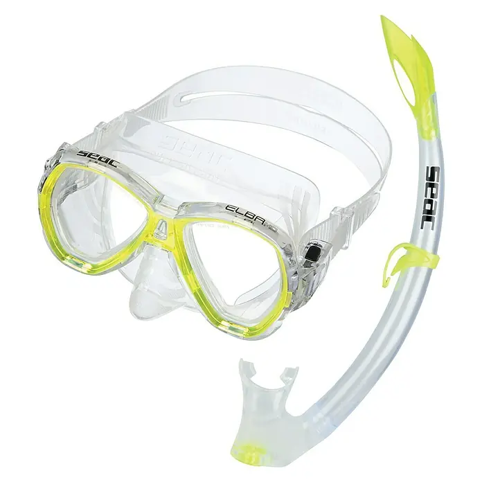 Seac Sub Set de buceo Elba Jr - Amarillo, Válvula de salida de agua - Un conjunto de buceo transparente de SEAC, con máscara con detalles amarillos y tubo de snorkel, ideal para exploraciones submarinas.