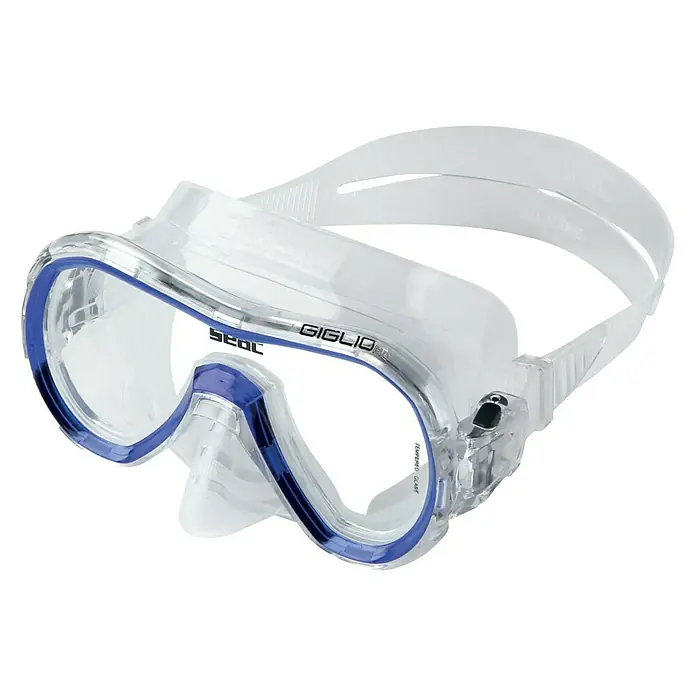 Seac Sub Set de buceo Giglio Jr - Amarillo, Válvula de salida de agua - Primer plano de una máscara de buceo Giglio, con montura transparente y detalles azules, ideal para aventuras submarinas.