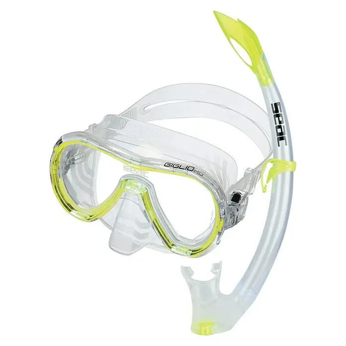 Seac Sub Set de buceo Giglio Jr - Amarillo, Válvula de salida de agua - Máscara de buceo SEAC GIGLIO MD con snorkel, diseño transparente con detalles amarillos para una visión clara bajo el agua.