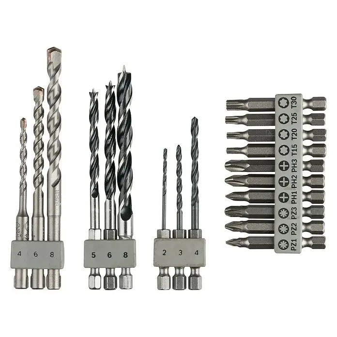 Bosch Zubehör-Set Uneo - 19 -tlg. - Nahaufnahme von verschiedenen Bohrern und Schraubendrehereinsätzen, die für Heimwerker- und Bauprojekte geeignet sind.