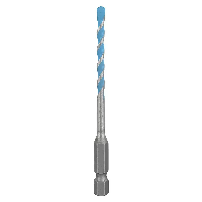 Bosch Expert Universalbohrer Hex-9 - Durchmesser Bohrer: 4 mm, Arbeitslänge: 45 mm - Nahaufnahme eines hellblauen Spiralbohrers mit Sechskantschaft. Ideal für präzise Bohrarbeiten und sicheren Halt in Bohrmaschinen.
