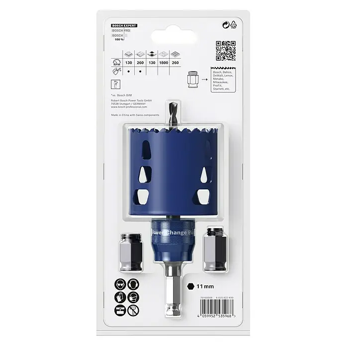 Bosch Professional Expert Lochsägen-Set Tough Material - Durchmesser: 68 mm, 5 -tlg. - Das Bild zeigt eine blaue Bosch Expert Lochsäge mit Power Change Plus Adapter und Zubehör in einer transparenten Verpackung.
