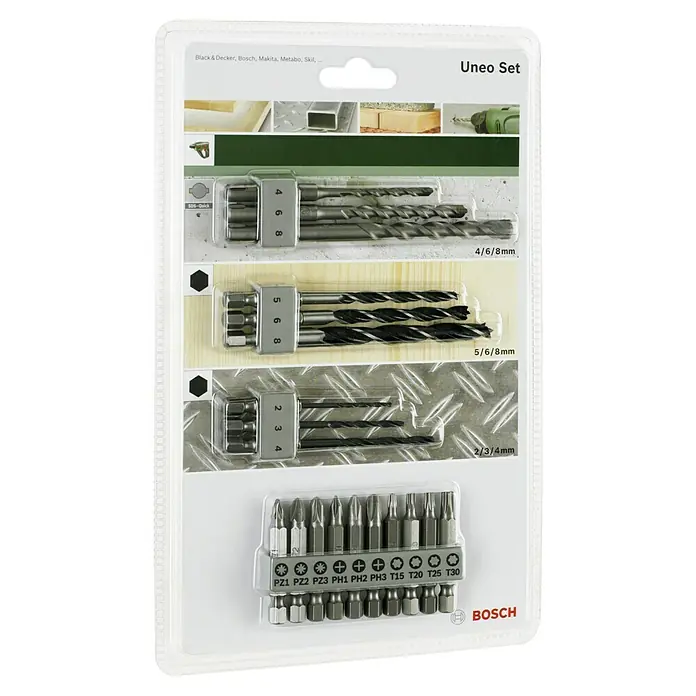 Bosch Zubehör-Set Uneo - 19 -tlg. - Das Bosch Uneo Set, ein vielseitiges Zubehörset für Bohrmaschinen, beinhaltet Bohrer in verschiedenen Größen und Schrauberbits für diverse Anwendungen.