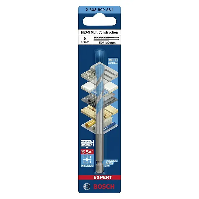 Bosch Expert Universalbohrer Hex-9Durchmesser Bohrer: 8 mm, Arbeitslänge: 50 mm - Das Bild zeigt eine Bosch HEX-9 MultiConstruction Bohrmaschine, ideal für verschiedene Materialien, mit einer Größe von 8 mm und einer Länge von 50/100 mm.