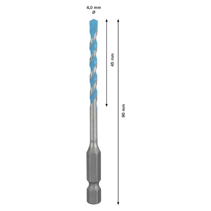 Bosch Expert Universalbohrer Hex-9 - Durchmesser Bohrer: 4 mm, Arbeitslänge: 45 mm - Bild einer 4,0 mm Spiralbohrer mit einer Gesamtlänge von 90 mm, einer Arbeitslänge von 45 mm und einem Sechskantschaft.