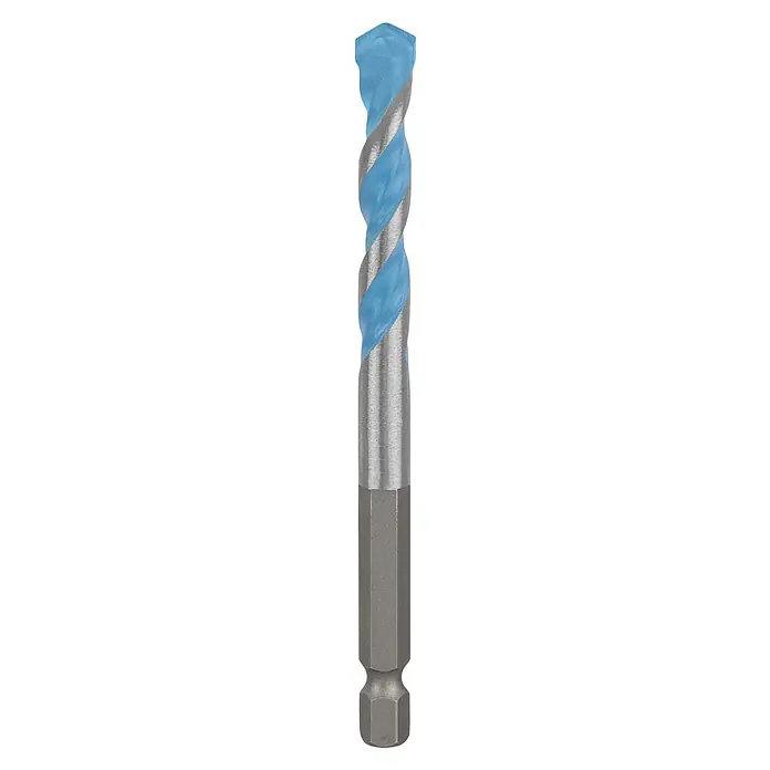 Bosch Expert Universalbohrer Hex-9 - Durchmesser Bohrer: 8 mm, Arbeitslänge: 50 mm - Nahaufnahme eines blauen Spiralbohrers mit Sechskantschaft, ideal für präzise Bohrarbeiten in verschiedenen Materialien.