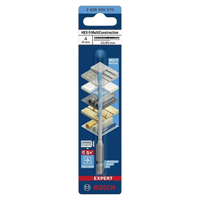 Bosch Expert Universalbohrer Hex-9 - Durchmesser Bohrer: 4 mm, Arbeitslänge: 45 mm - Bosch EXPERT HEX-9 MultiConstruction Bohrer mit 4 mm Durchmesser und 45/90 mm Länge für vielfältige Materialien.
