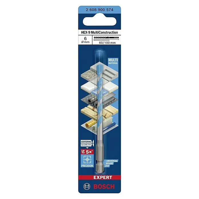 Bosch Expert Universalbohrer Hex-9 - Durchmesser Bohrer: 6 mm, Arbeitslänge: 60 mm - Aufnahme der Bosch HEX-9 MultiConstruction Bohrerpackung mit Bohrer, der für diverse Materialien geeignet ist.