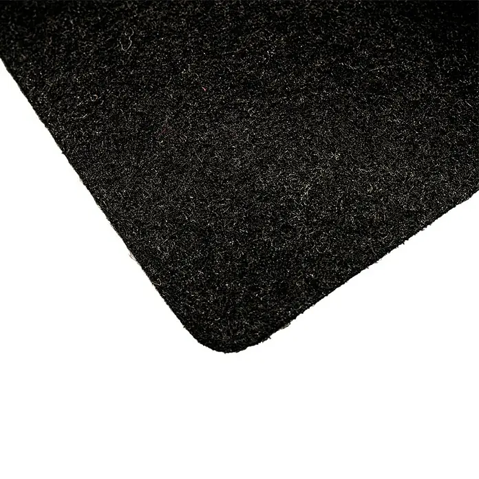 Moqueta a metros Convención Ferial - Ancho: 200 cm, 100% Polipropileno, Negro - Primer plano de una superficie de tela oscura y texturizada, posiblemente fieltro o alfombra, sobre un fondo negro sólido.