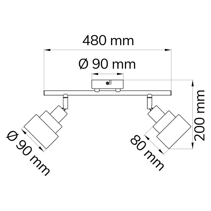 WOFI Naples Deckenstrahler - 56 W, L x B x H: 48 x 9 x 20 cm, Chrom, E14, 2 Stk. - Detailzeichnung der Deckenleuchte mit zwei Strahlern und Maßangaben für Durchmesser und Länge.