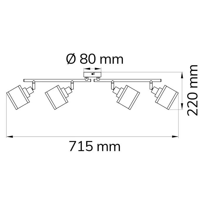 WOFI Wandstrahler Alexia - 112 W, L x B x H: 71,5 x 10 x 22 cm, Chrom, E14, 4 Stk. - Technische Zeichnung einer Deckenleuchte mit vier Strahlern, Abmessungen: 715 mm Länge, 220 mm Höhe, Durchmesser der Rosette 80 mm.