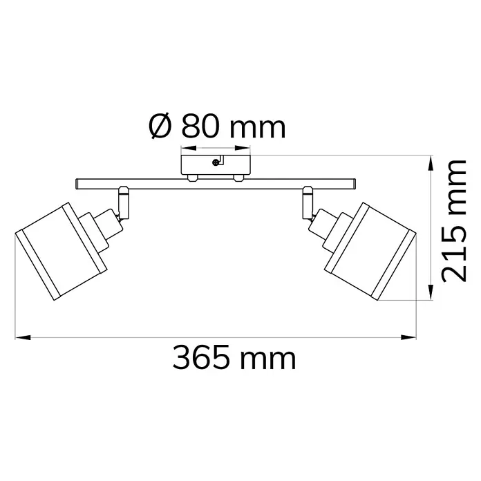 WOFI Wandstrahler Alexia - 56 W, L x B x H: 36,5 x 10 x 21,5 cm, Chrom, E14, 2 Stk. - Technische Zeichnung der Deckenleuchte mit zwei Strahlern, Maße: Ø 80 mm, 215 mm Höhe, 365 mm Breite.