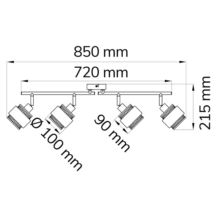WOFI Grove Wandstrahler - 112 W, L x B x H: 85 x 10 x 21,5 cm, Schwarz/Gold, E14, 4 Stk. - Abbildung einer LED-Deckenleuchte mit vier Strahlern, inklusive Maßangaben zur Größe und Abmessungen des Produkts.