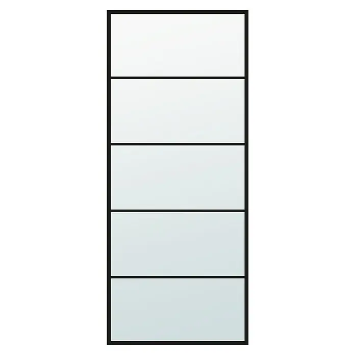 Diamond Doors Black Edition Glasdrehtür Lines - 834 x 1.972 mm, DIN Rechts, Milchglas - Das Bild zeigt ein modernes Garagentor mit fünf horizontalen Abschnitten, umrandet von einem schwarzen Rahmen, ideal für zeitgenössische Häuser.