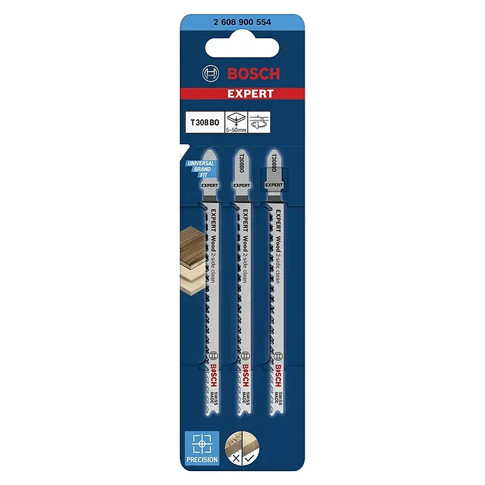 Bosch Stichsägeblätter Wood 2-Side Clean T308 BO - T-Schaft - Bild einer Packung Bosch EXPERT T308 BO Stichsägeblätter für saubere Holzschnitte. Geeignet für verschiedene Marken, präzise und Made in Swiss.