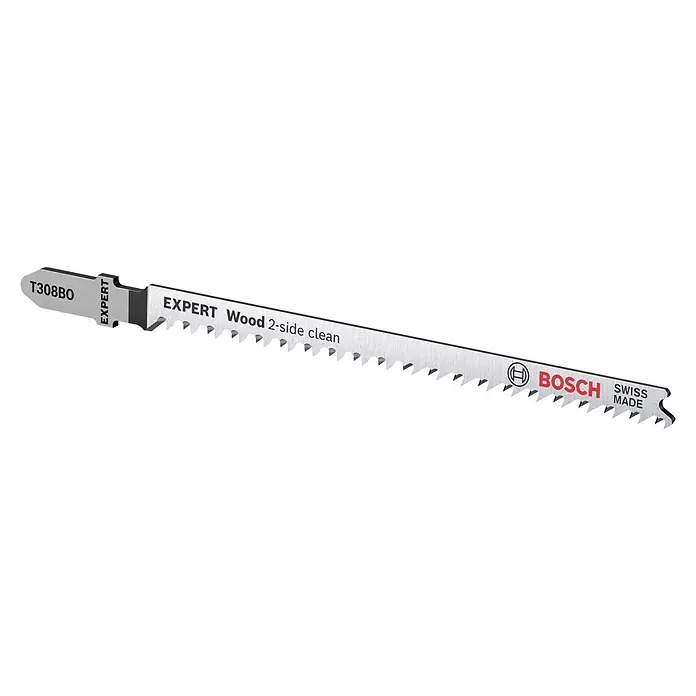 Bosch Stichsägeblätter Wood 2-Side Clean T308 BO - T-Schaft - Nahaufnahme eines Bosch T308BO EXPERT Stichsägeblatts für saubere Holzschnitte.