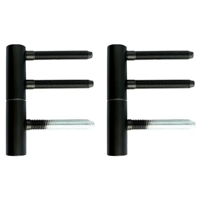 Diamond Doors Modern Zimmertürgarnitur - Stärke Tür: 38 mm - 45 mm, Metall, L-Form - Zwei schwarze, verstellbare Türbänder auf einem schwarzen Hintergrund. Perfekt für schwere Türen, dank ihrer robusten Bauweise und Einstellbarkeit.