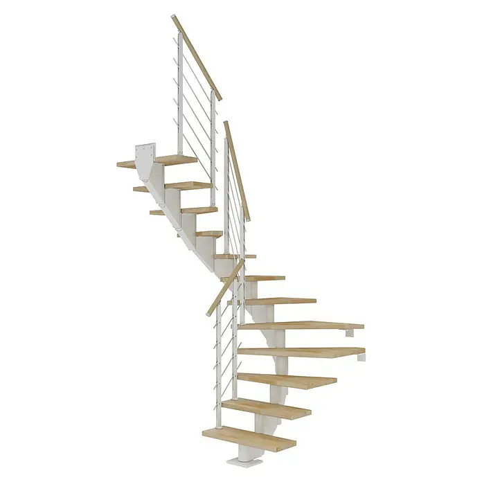 Dolle Mittelholmtreppe HamburgBreite: 85 cm, 1/2-gewendelt, Verkehrsweiß, Farbe Stufen: Buche Natur, Geschosshöhe: 222 cm - 258 cm - Eine elegante Wendeltreppe mit hellen Holzstufen und einem modernen Geländerdesign, ideal für stilvolle Innenräume.
