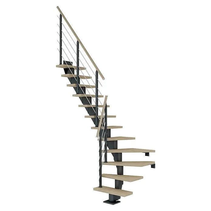 Dolle Mittelholmtreppe Frankfurt - Breite: 75 cm, 1/4-gewendelt, Anthrazitgrau, Farbe Stufen: Eiche Weiß, Geschosshöhe: 259 cm - 301 cm - Elegante Treppe mit Holzstufen, grauem Geländer und filigranen Edelstahlstreben. Die Wendeltreppe ist eine moderne Lösung für Innenräume.