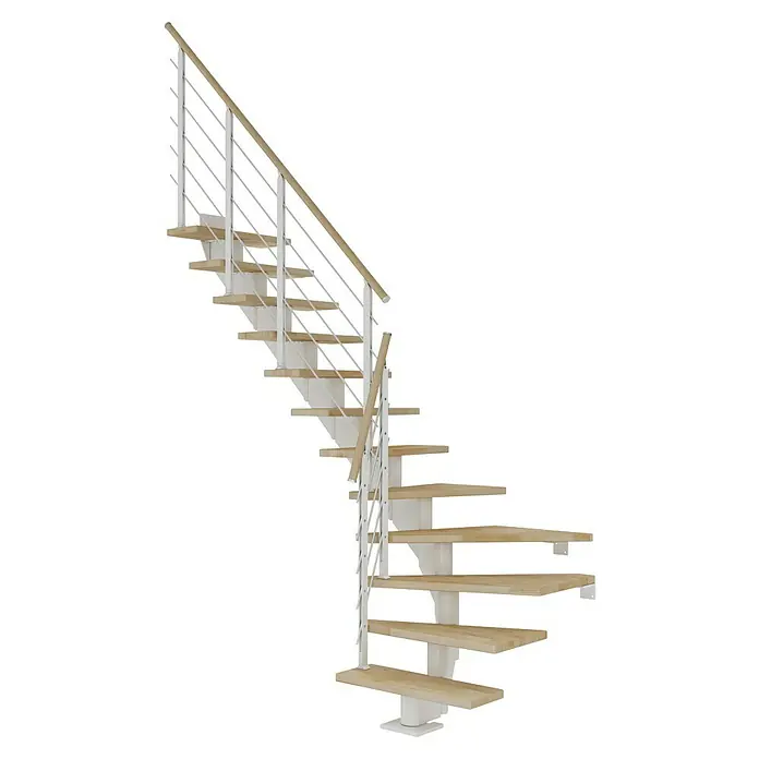Dolle Mittelholmtreppe HamburgBreite: 75 cm, 1/4-gewendelt, Verkehrsweiß, Farbe Stufen: Buche Natur, Geschosshöhe: 222 cm - 258 cm - Attraktive Wendeltreppe mit Holzstufen und weißem Geländer. Das Treppendesign kombiniert Funktionalität und Ästhetik für moderne Innenräume.