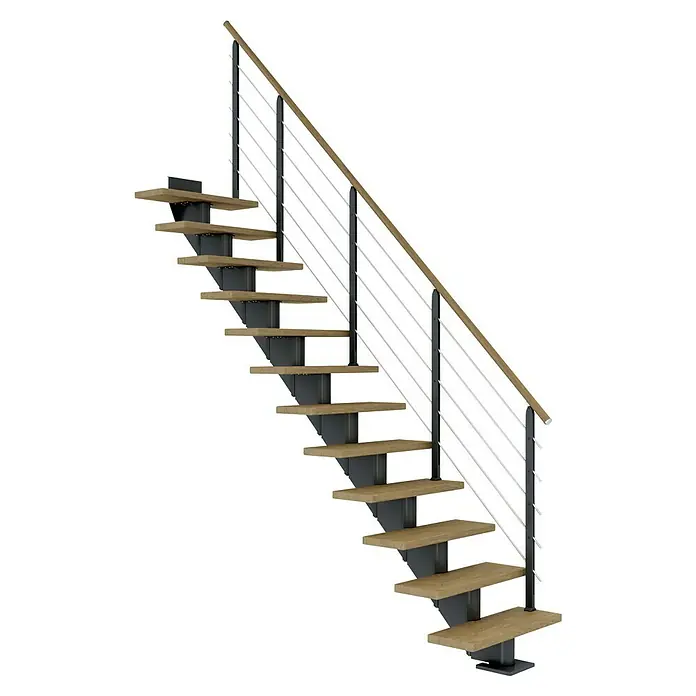 Dolle Mittelholmtreppe HamburgBreite: 75 cm, Gerade, Anthrazitgrau, Farbe Stufen: Eiche Natur, Geschosshöhe: 278 cm - 322 cm - Eine moderne Treppe mit Holzstufen, schwarzen Metallstützen und einem Handlauf mit Stahlseilen.