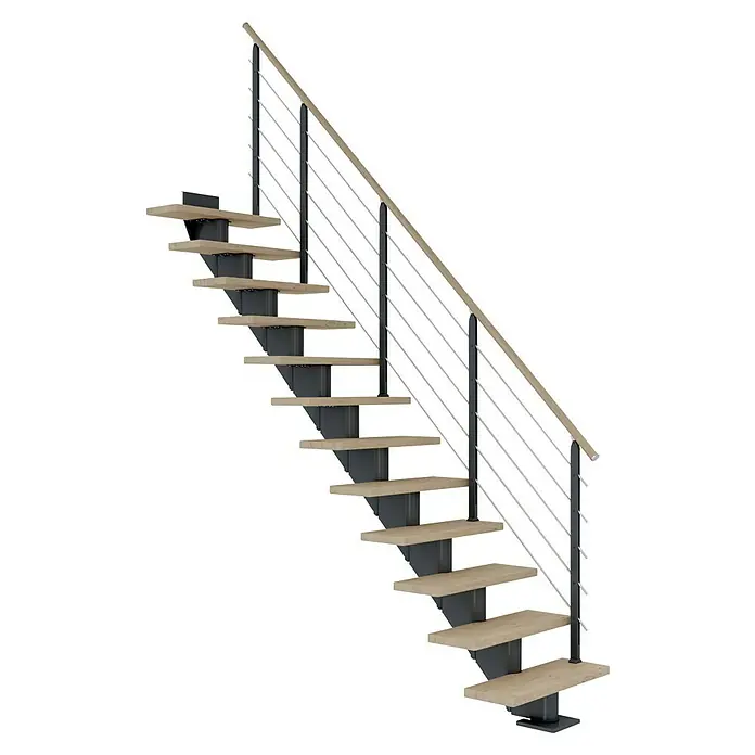 Dolle Mittelholmtreppe HamburgBreite: 85 cm, Gerade, Anthrazitgrau, Farbe Stufen: Eiche Weiß, Geschosshöhe: 278 cm - 322 cm - Moderne Treppe mit Holzstufen, Metallgeländer und schlichtem Design. Ideal für ein stilvolles Zuhause.