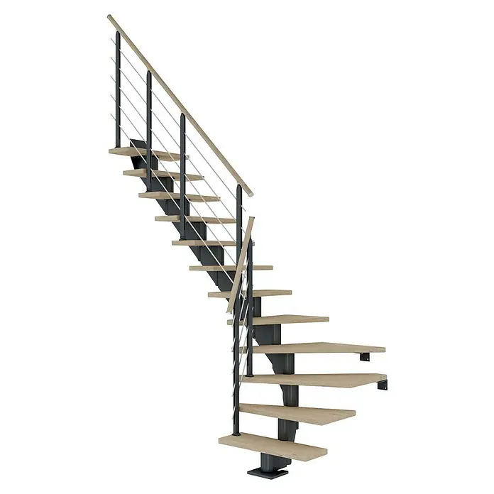 Dolle Mittelholmtreppe HamburgBreite: 85 cm, 1/4-gewendelt, Anthrazitgrau, Farbe Stufen: Eiche Weiß, Geschosshöhe: 222 cm - 258 cm - Eine moderne Treppe mit Holzstufen und einem Geländer aus Metallstäben, die sich spiralförmig nach oben windet.