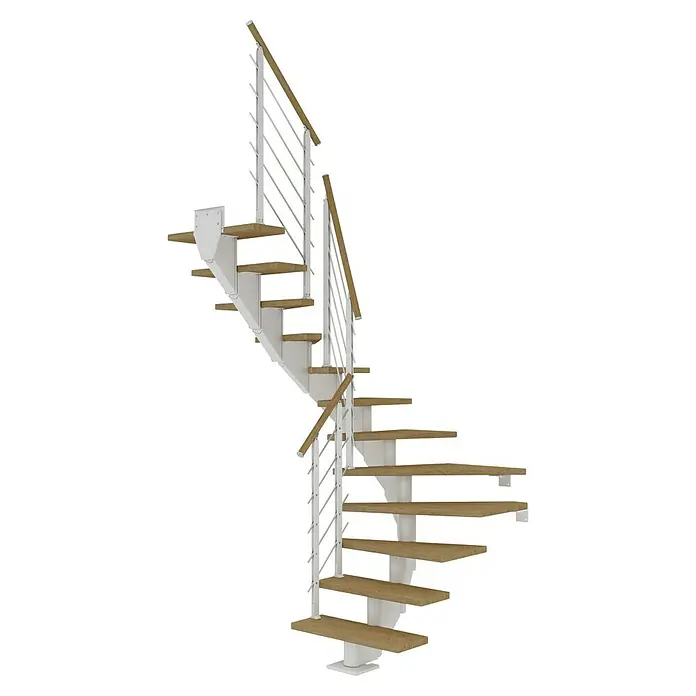 Dolle Mittelholmtreppe HamburgBreite: 85 cm, 1/2-gewendelt, Verkehrsweiß, Farbe Stufen: Eiche Natur, Geschosshöhe: 278 cm - 322 cm - Eine elegante Wendeltreppe mit Holzstufen und weißem Geländer, die sich spiralförmig nach oben windet. Perfekt für stilvolle Innenräume.