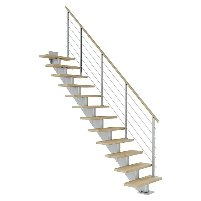 Dolle Mittelholmtreppe HamburgBreite: 85 cm, Gerade, Perlgrau, Farbe Stufen: Buche Natur, Geschosshöhe: 278 cm - 322 cm - Eine moderne Treppe mit Holzstufen und einem Edelstahlgeländer, die ein stilvolles und zeitgemäßes Design aufweist. Ideal für moderne Innenräume.