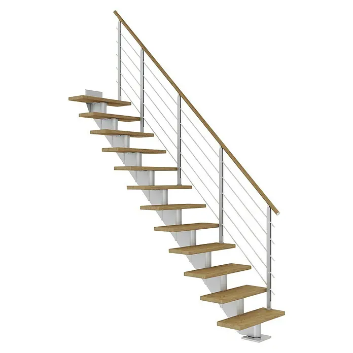 Dolle Mittelholmtreppe Hamburg - Breite: 85 cm, Gerade, Perlgrau, Farbe Stufen: Eiche Natur, Geschosshöhe: 222 cm - 258 cm - Elegante Treppe mit Holzstufen und einem modernen Geländer aus Edelstahl. Die Treppe besticht durch ihr minimalistisches Design und die hochwertige Verarbeitung.