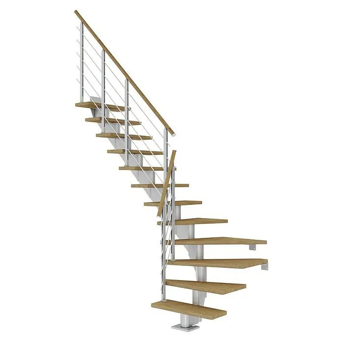 Dolle Mittelholmtreppe HamburgBreite: 85 cm, 1/4-gewendelt, Perlgrau, Farbe Stufen: Eiche Natur, Geschosshöhe: 278 cm - 322 cm - Eine elegante Wendeltreppe mit Holzstufen und einem Geländer aus Edelstahl, die sich spiralförmig nach oben windet. Die Treppe ist modern und stilvoll.