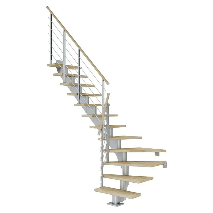 Dolle Mittelholmtreppe HamburgBreite: 85 cm, 1/4-gewendelt, Perlgrau, Farbe Stufen: Buche Natur, Geschosshöhe: 222 cm - 258 cm - Wendeltreppe mit Holzstufen und silbernem Geländer. Stilvolles Design für moderne Innenräume.