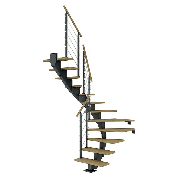Dolle Mittelholmtreppe HamburgBreite: 75 cm, 1/2-gewendelt, Anthrazitgrau, Farbe Stufen: Eiche Natur, Geschosshöhe: 222 cm - 258 cm - Diese Aufnahme zeigt eine elegante Wendeltreppe mit Holzstufen und einem modernen Geländerdesign. Eine stilvolle Ergänzung für jedes Zuhause.