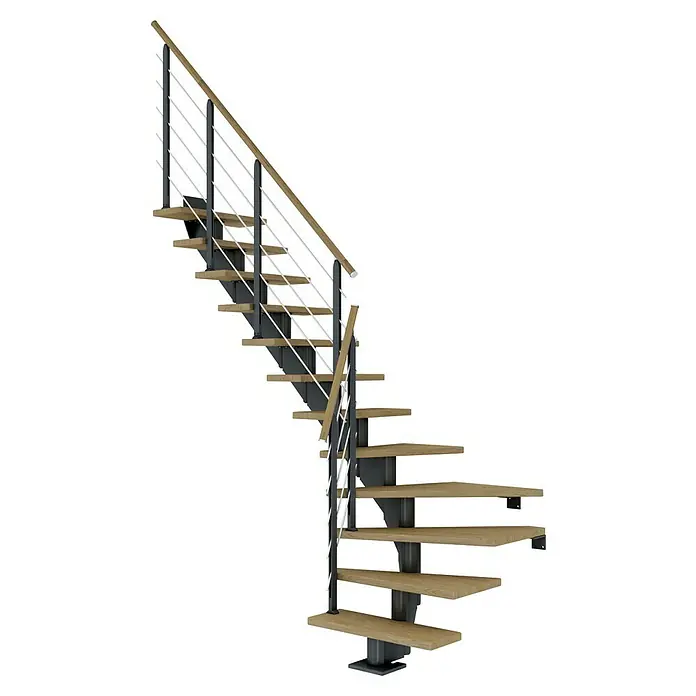 Dolle Mittelholmtreppe HamburgBreite: 75 cm, 1/4-gewendelt, Anthrazitgrau, Farbe Stufen: Eiche Natur, Geschosshöhe: 222 cm - 258 cm - Eine elegante Treppe mit Holzstufen und einem modernen Geländerdesign. Perfekt für stilvolle Innenräume.