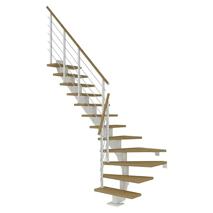 Dolle Mittelholmtreppe HamburgBreite: 75 cm, 1/4-gewendelt, Verkehrsweiß, Farbe Stufen: Eiche Natur, Geschosshöhe: 259 cm - 301 cm - Detailaufnahme einer Treppe mit Holzstufen und weißem Geländer. Elegant und modern, ein Blickfang für jedes Zuhause.