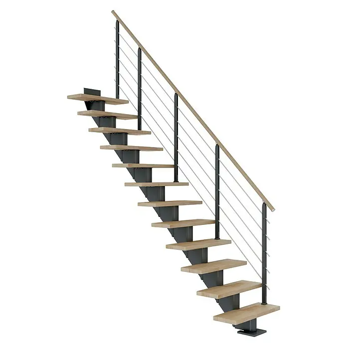 Dolle Mittelholmtreppe HamburgBreite: 85 cm, Gerade, Anthrazitgrau, Farbe Stufen: Buche Natur, Geschosshöhe: 278 cm - 322 cm - Eine moderne Treppe mit Holzstufen und einem Geländer aus Metallstäben, die ein elegantes Design bietet.