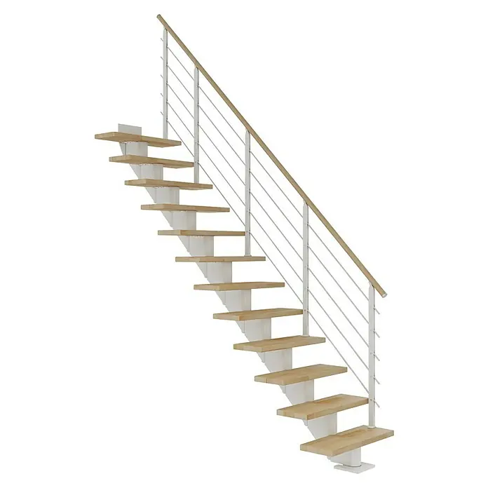 Dolle Mittelholmtreppe HamburgBreite: 75 cm, Gerade, Verkehrsweiß, Farbe Stufen: Buche Natur, Geschosshöhe: 278 cm - 322 cm - Treppe mit Holzstufen und weißem Geländer. Die Treppe ist ein elegantes und modernes Designelement.