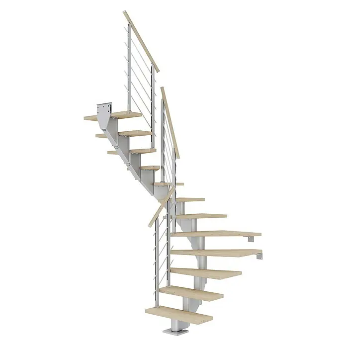 Dolle Mittelholmtreppe HamburgBreite: 75 cm, 1/2-gewendelt, Perlgrau, Farbe Stufen: Eiche Weiß, Geschosshöhe: 278 cm - 322 cm - Eine elegante Wendeltreppe mit hellen Holzstufen und silbernen Geländern, die sich spiralförmig nach oben windet.