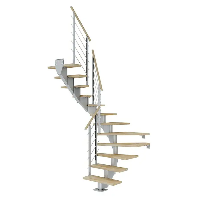 Dolle Mittelholmtreppe HamburgBreite: 75 cm, 1/2-gewendelt, Perlgrau, Farbe Stufen: Buche Natur, Geschosshöhe: 278 cm - 322 cm - Spiralförmige Treppe mit Holzstufen und silberfarbenem Geländer mit hellbraunem Handlauf. Das Treppendesign ist modern und elegant.