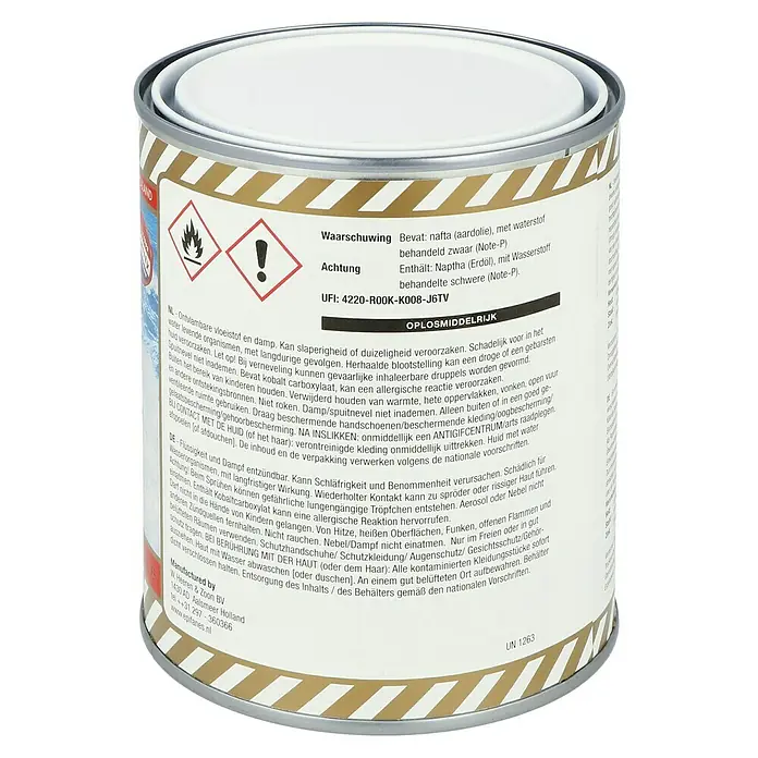 Epifanes Multiprimer Marine - 750 ml, Weiß - Image of a solvent-rich paint can with hazard symbols, warnings and safety instructions on the label, indicating chemical product.